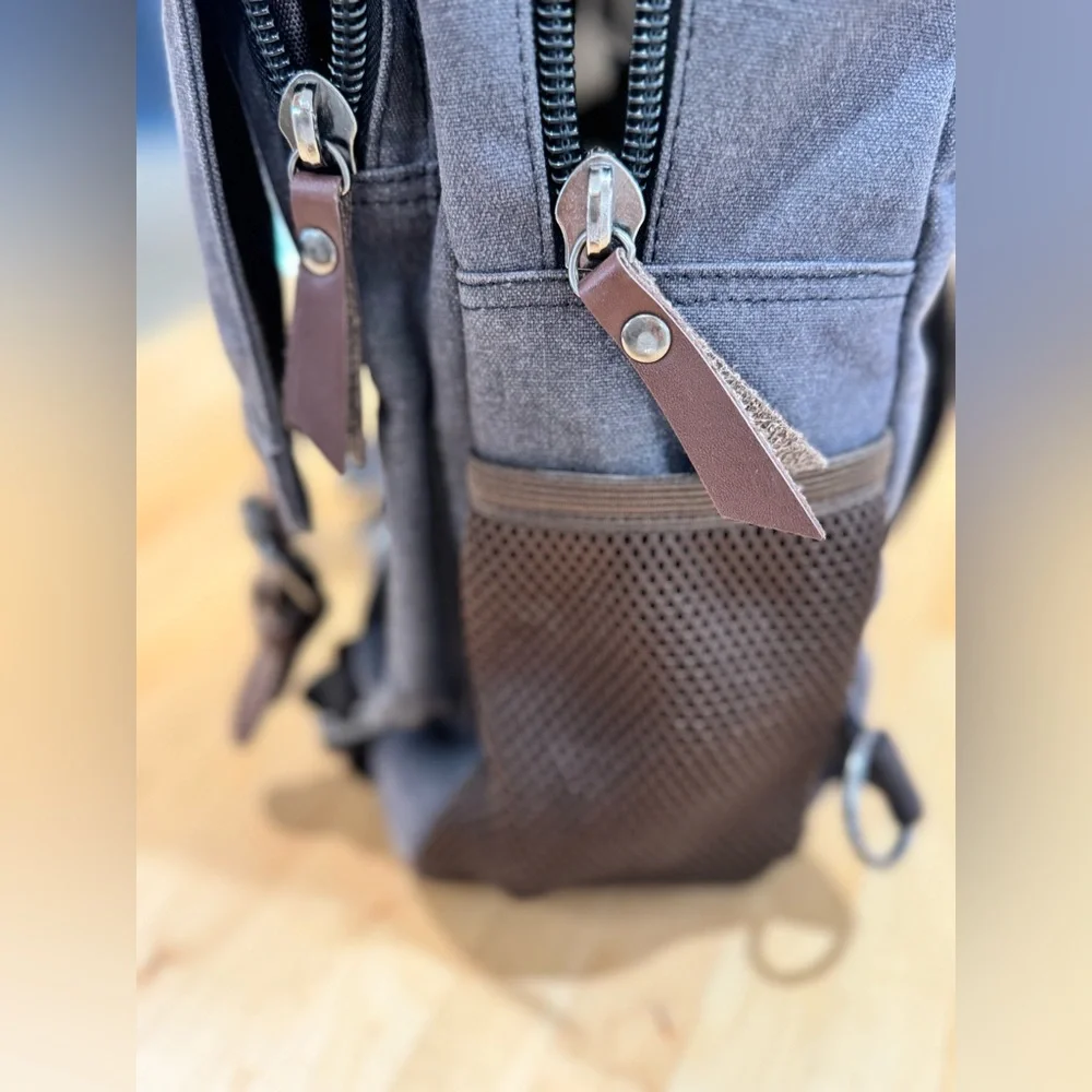 Gray Canvas Crossbody Backpack with Brown Accents Multiple Compartments Durable
